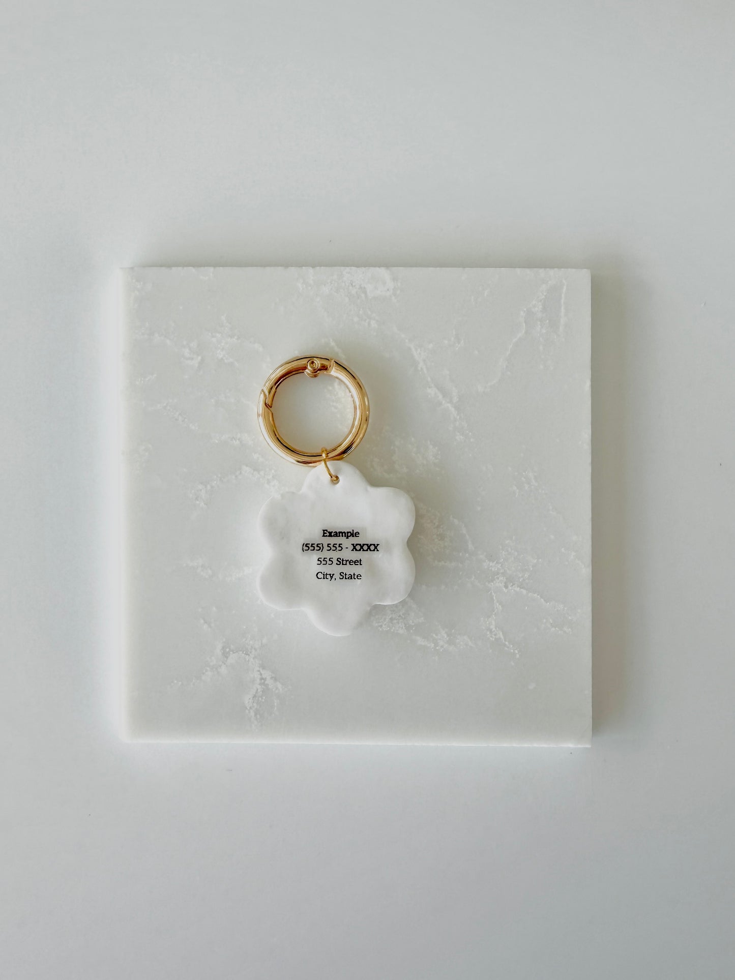 A pet tag in the shape of a white daisy flower flipped over so the back face is visible. It has the words " Example (555) 555 - XXXX 555 Street City, State" in small black print.