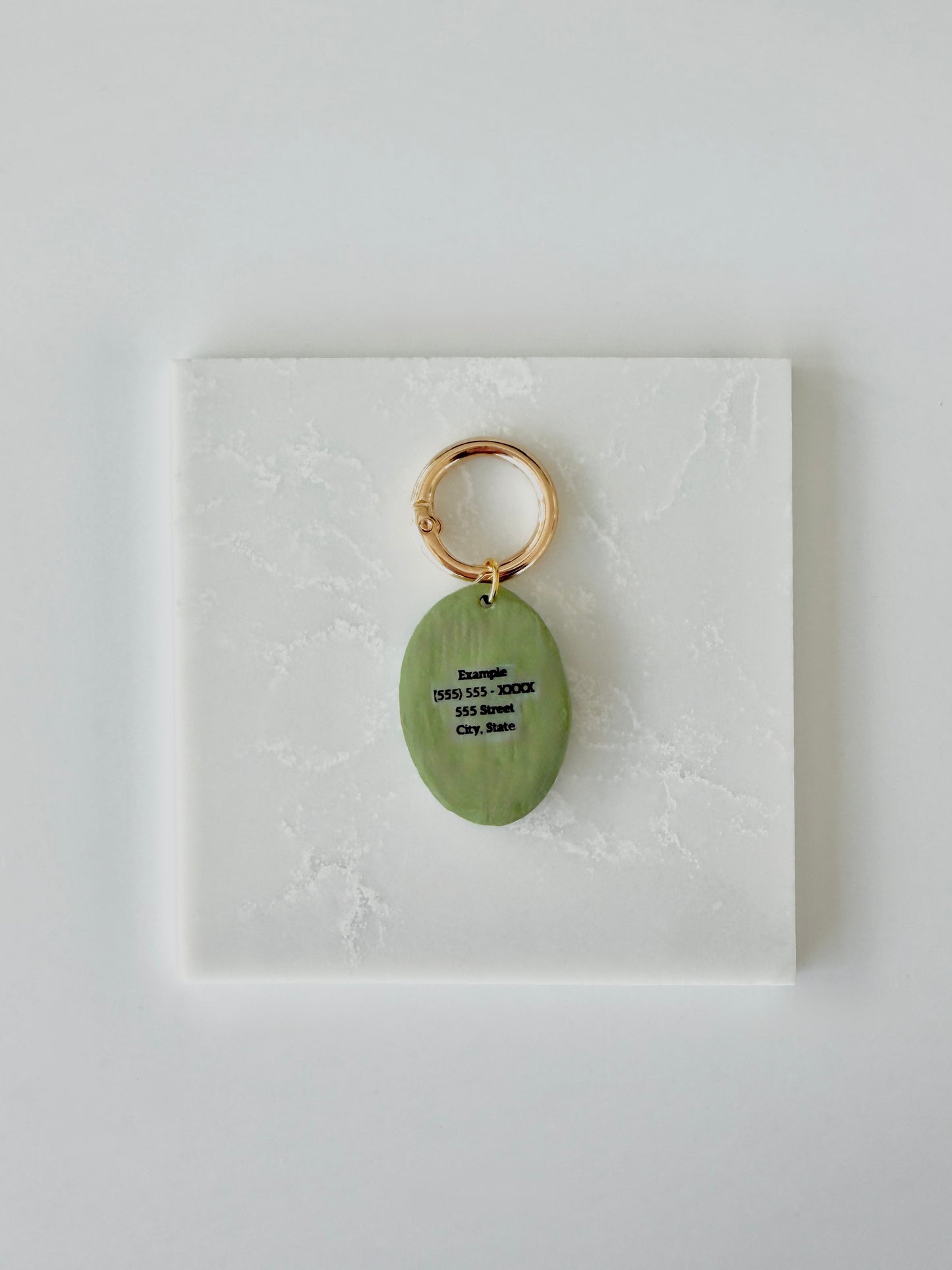 Back of the green pet tag has the words "Example (555) 555 - XXXX 555 Street City, State" in black lettering laying on a slab of marble.
