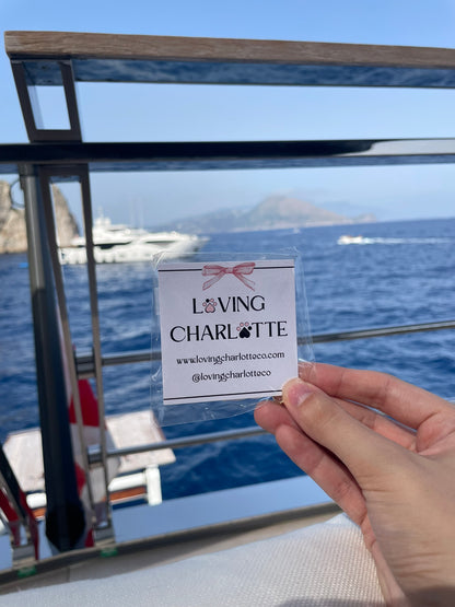 Hand holding a 'Loving Charlotte' card with a scenic ocean view in the background