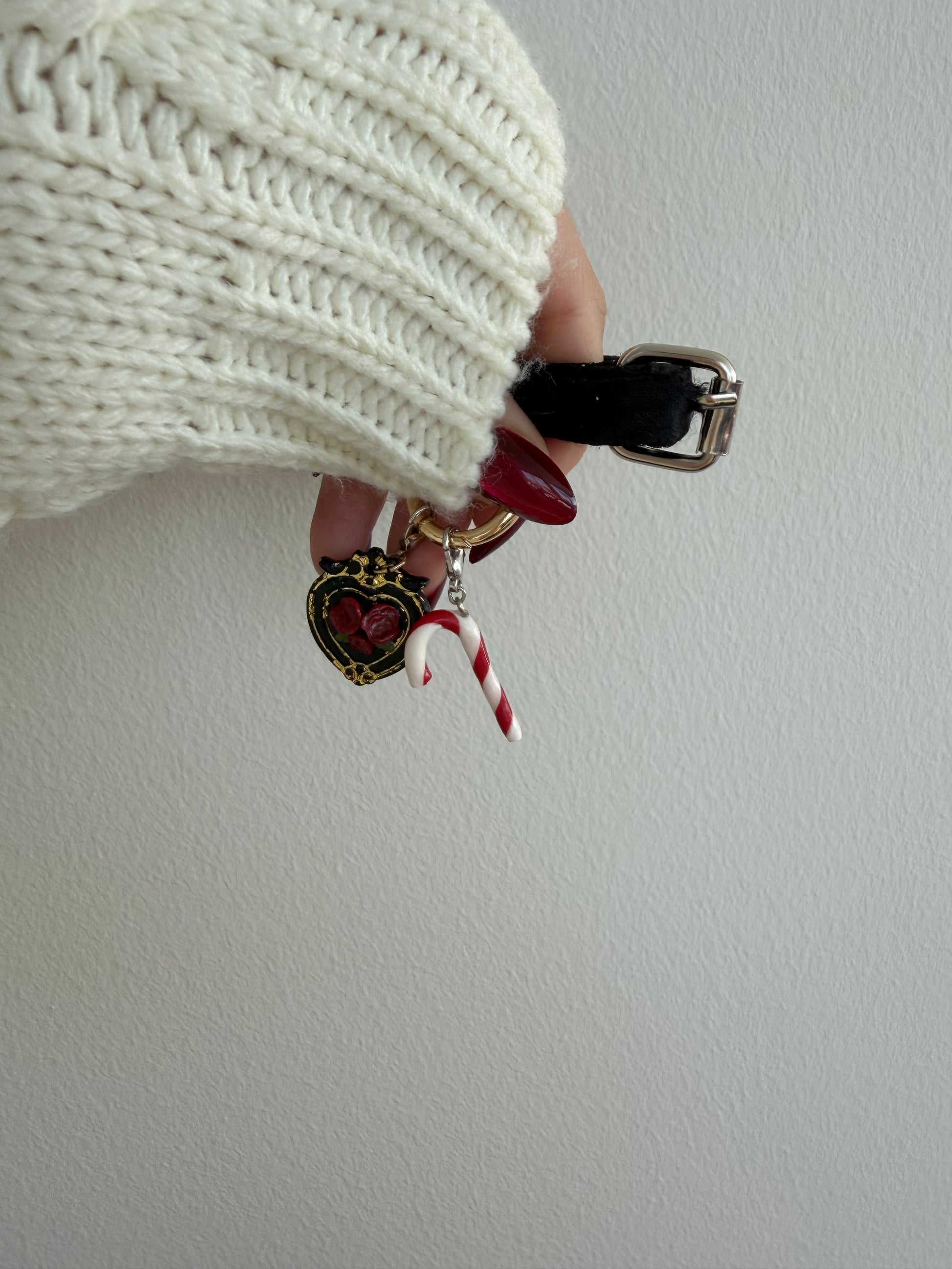 Model photo of red candy cane and black dog tag on a collar 