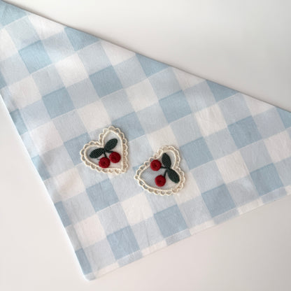 Large size light blue and white checkered cotton bandana with a heart design featuring cherries on a white background