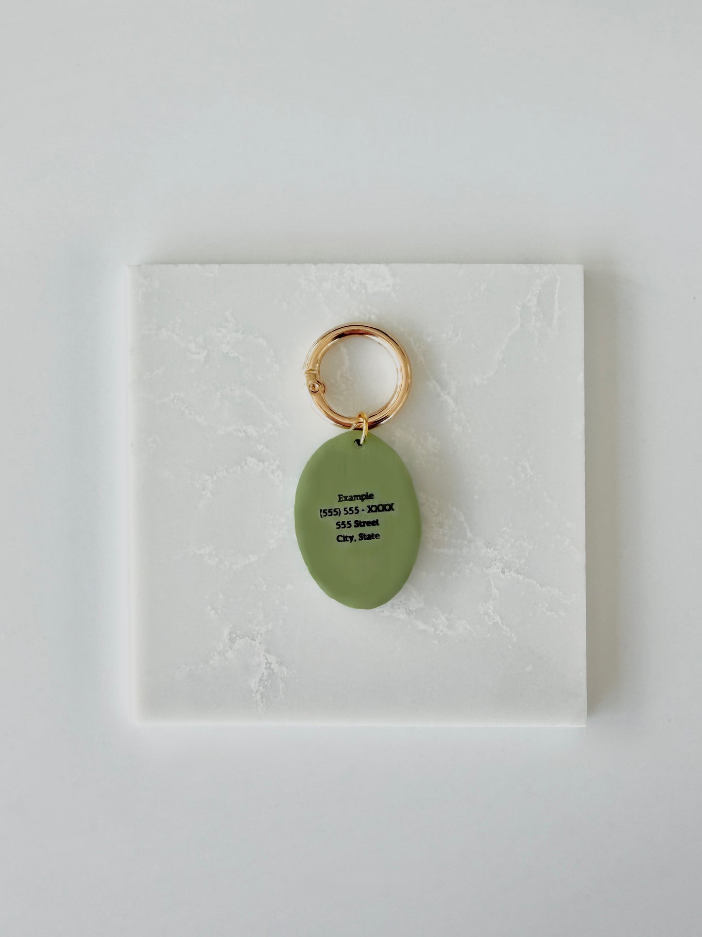 Green oval pet tag with gold ring on a white square background with the words “Example (555) 555 - 5555 555 Street City, State” printed in black.