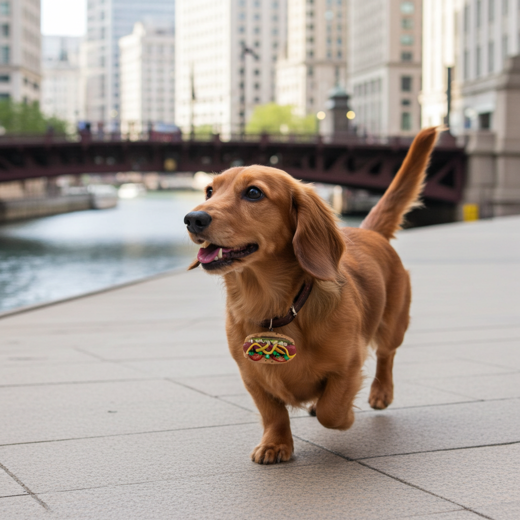 Dog walking on a sidewalk with a cityscape in the background