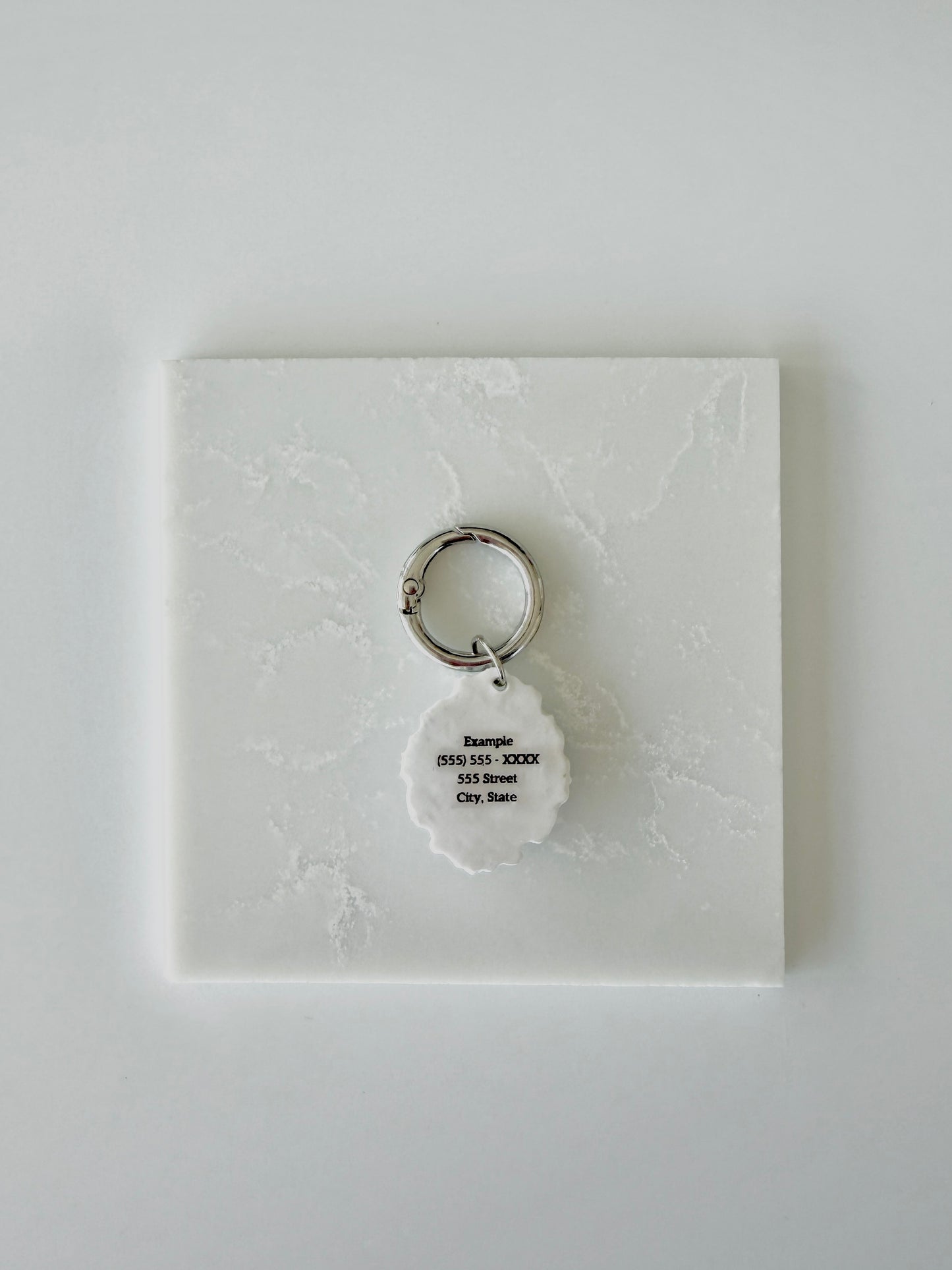 A product image of the back of an oval shape white pet ID Tag attached to a silver ring sits on a piece of marble. The label states "Example (555) 555 - XXXX 555 Street City, State" in black ink