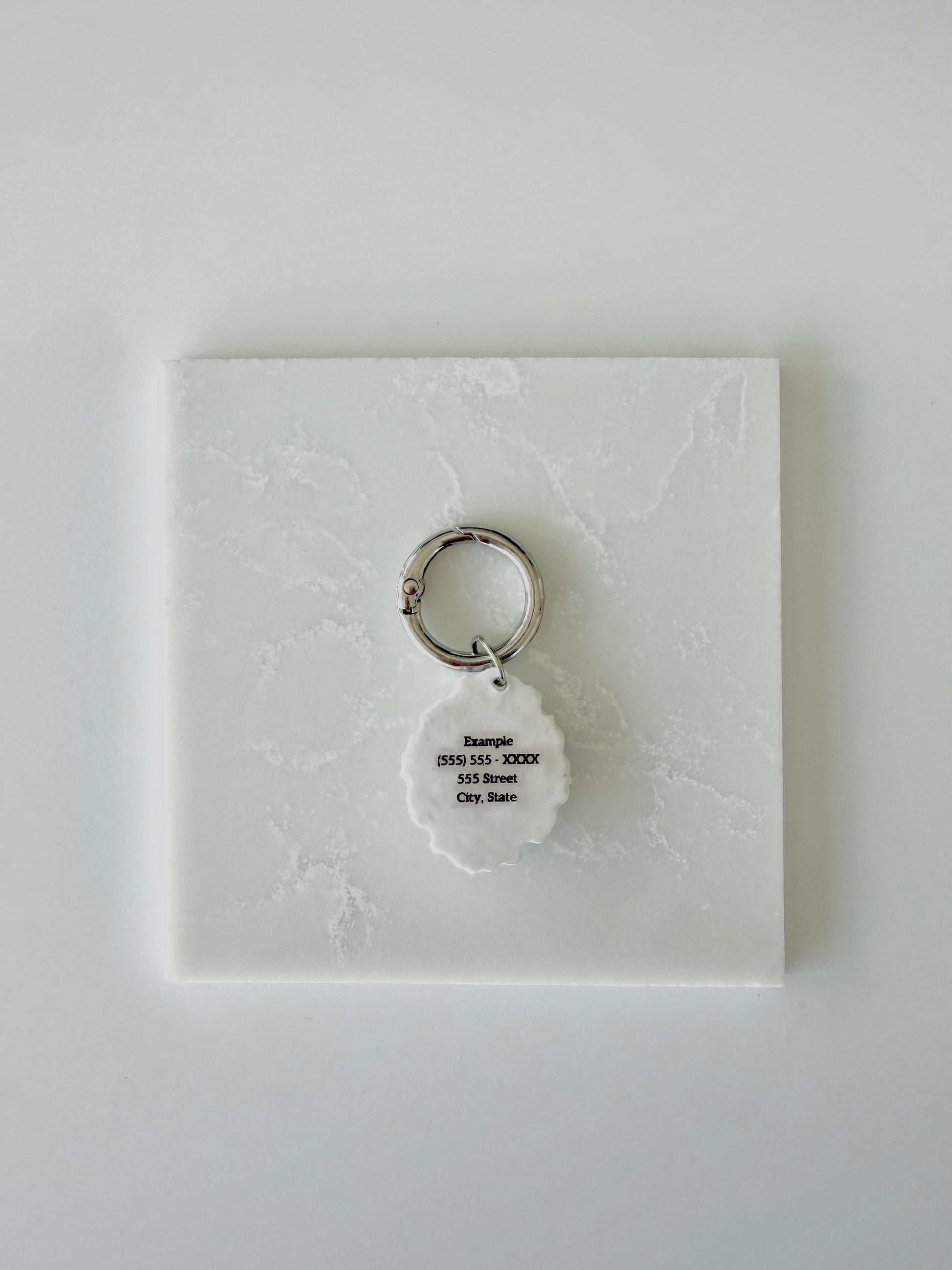 A product image of the back of an oval shape white pet ID Tag attached to a silver ring sits on a piece of marble. The label states "Example (555) 555 - XXXX 555 Street City, State" in black ink